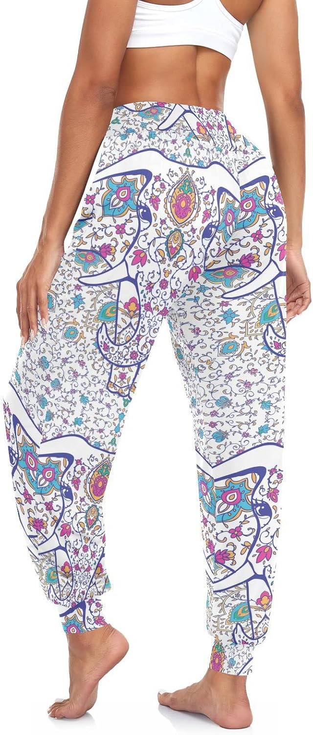 Elephant and Flower Women Yoga Pants High Waisted Joggers Stretch Loose Boho Trousers Sports Dance Harem Pants