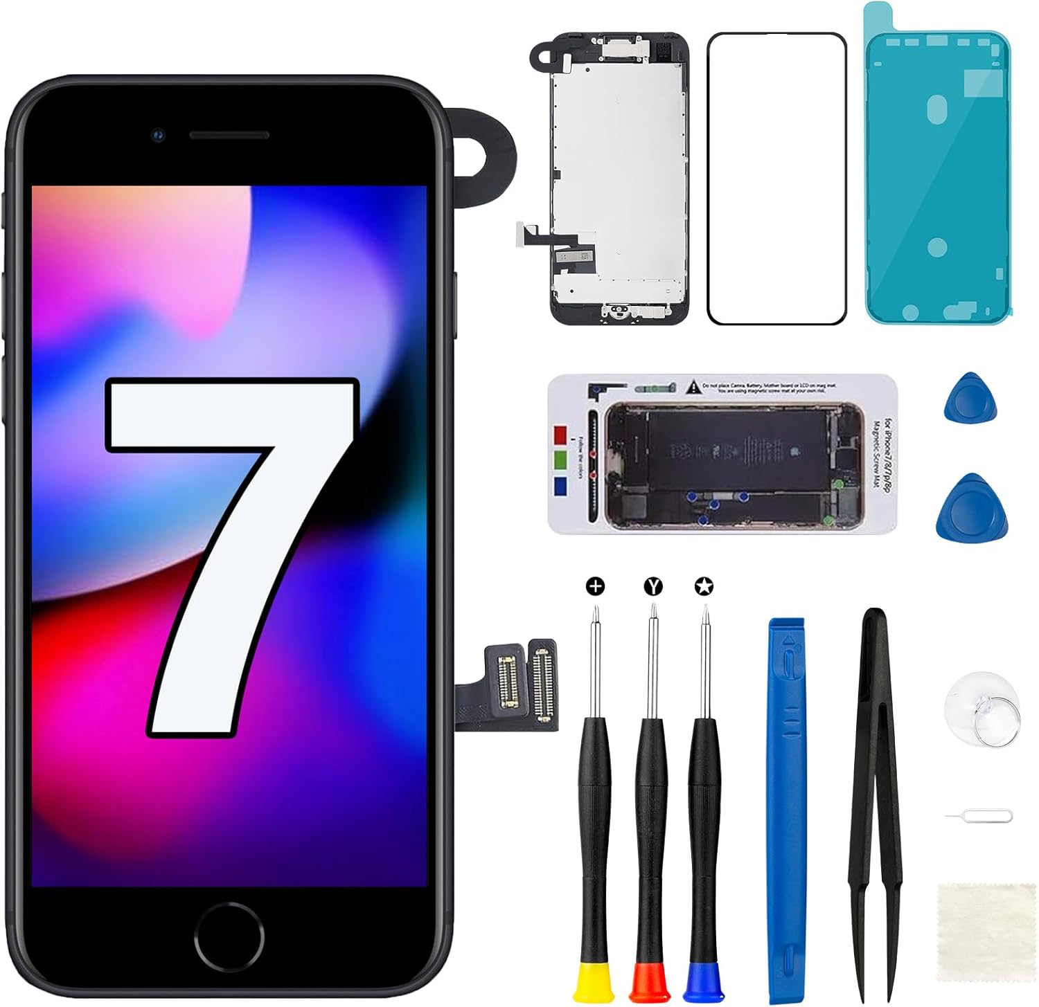 for iPhone 7 Screen Replacement with Earpiece Speaker Proximity Sensor Front Camera Home Button LCD Display 3D Touch Digitizer Repair Kit A1660 A1778 A1779 4.7 inch