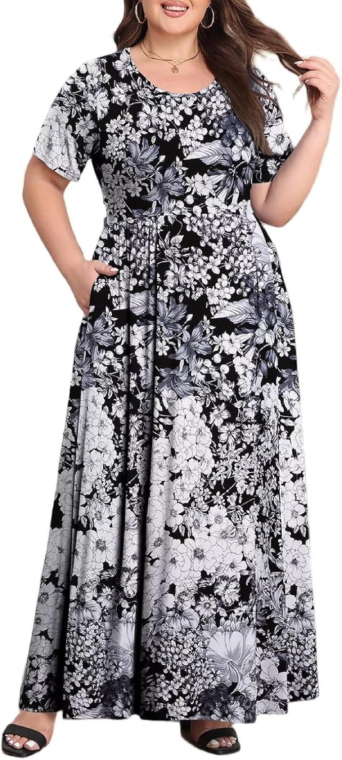 BELAROI Plus Size Maxi Dress with Pockets for Curvy Women Summer Long Dresses Short Sleeve Scoop Neck