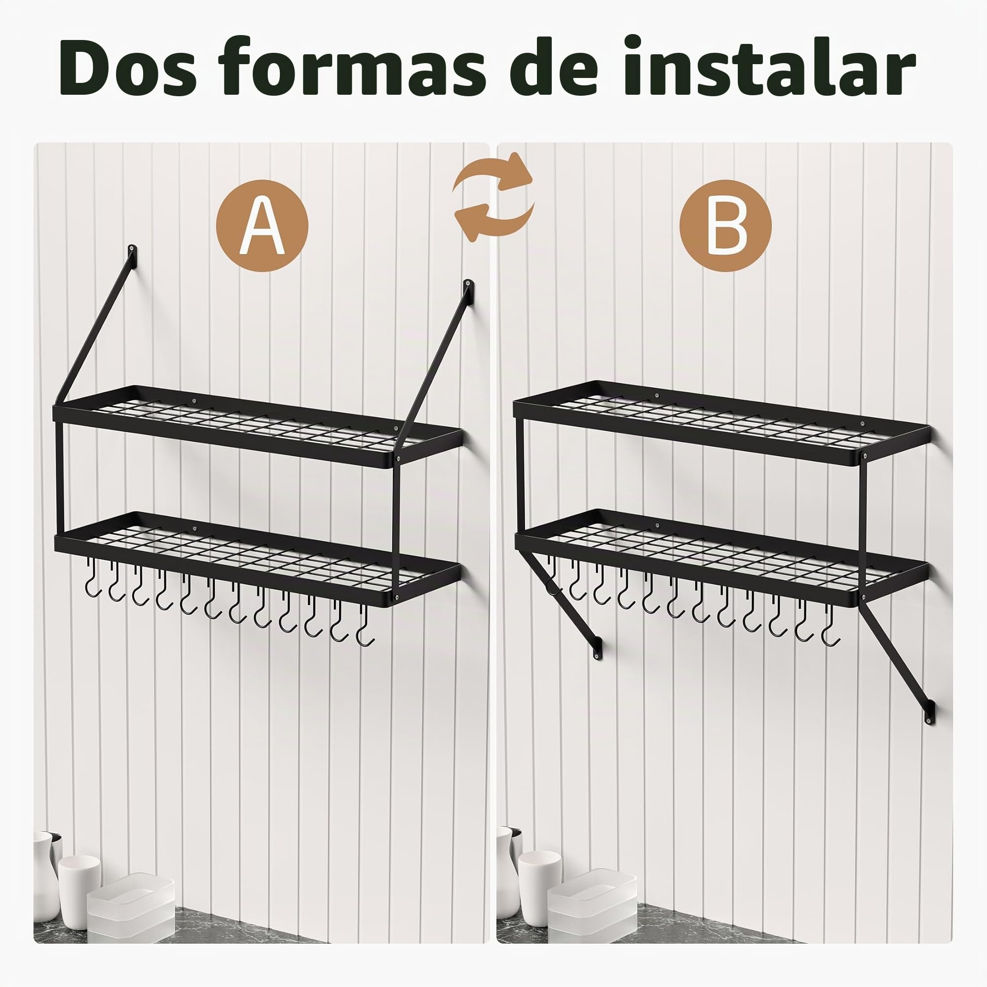 KES Estanteria Cocina para Ollas y Sartenes Estantes para Colgar con 12 Ganchos Almacenaje Organizador 2 Niveles 75CM Negro, KUR218S75B-BK