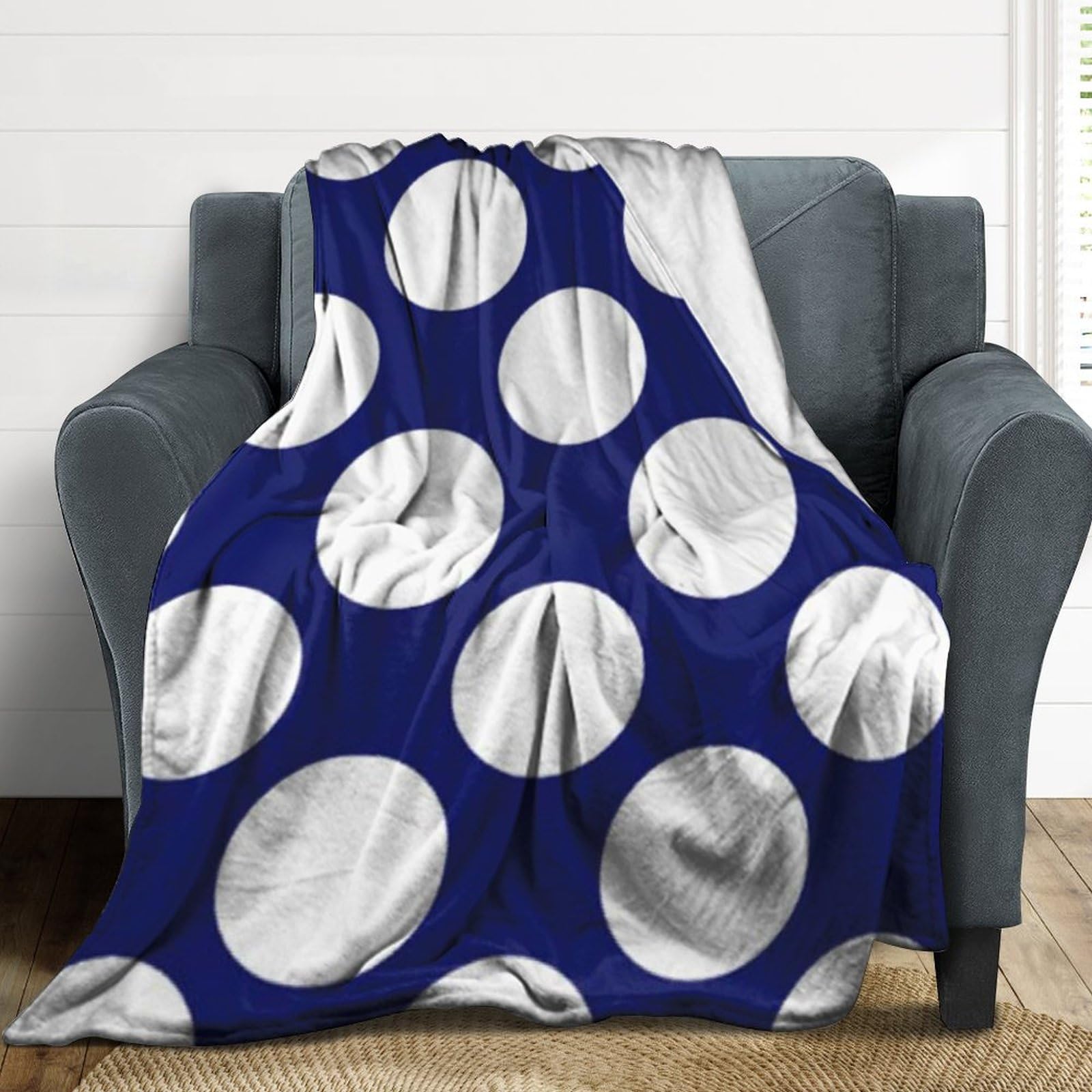 Manta de felpa, color azul marino, blanco, lunares, suave, esponjosa, acogedora, manta de franela para todas las estaciones, para sofá cama, 60 x 80 pulgadas