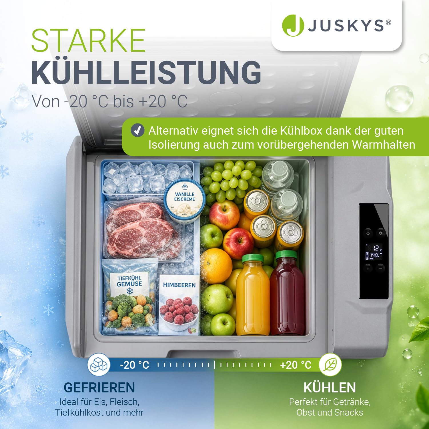 Juskys Kompressor Kühlbox 50 Liter 12/24/230 V für Auto, LKW, Reisemobil, Camping - Mini Kühlschrank kalt & warm - Kompressorkühlbox Steckdose - Grau
