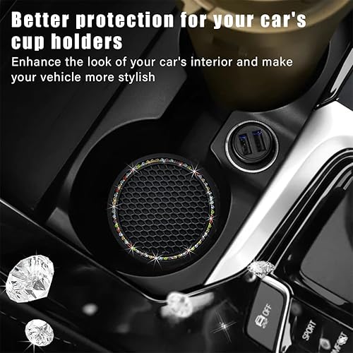 Miniatura 6 de Paquete de 2 posavasos brillantes para automóvil, 2.75 pulgadas, de silicona con diamantes de imitación, portavasos de goma suave de cristal