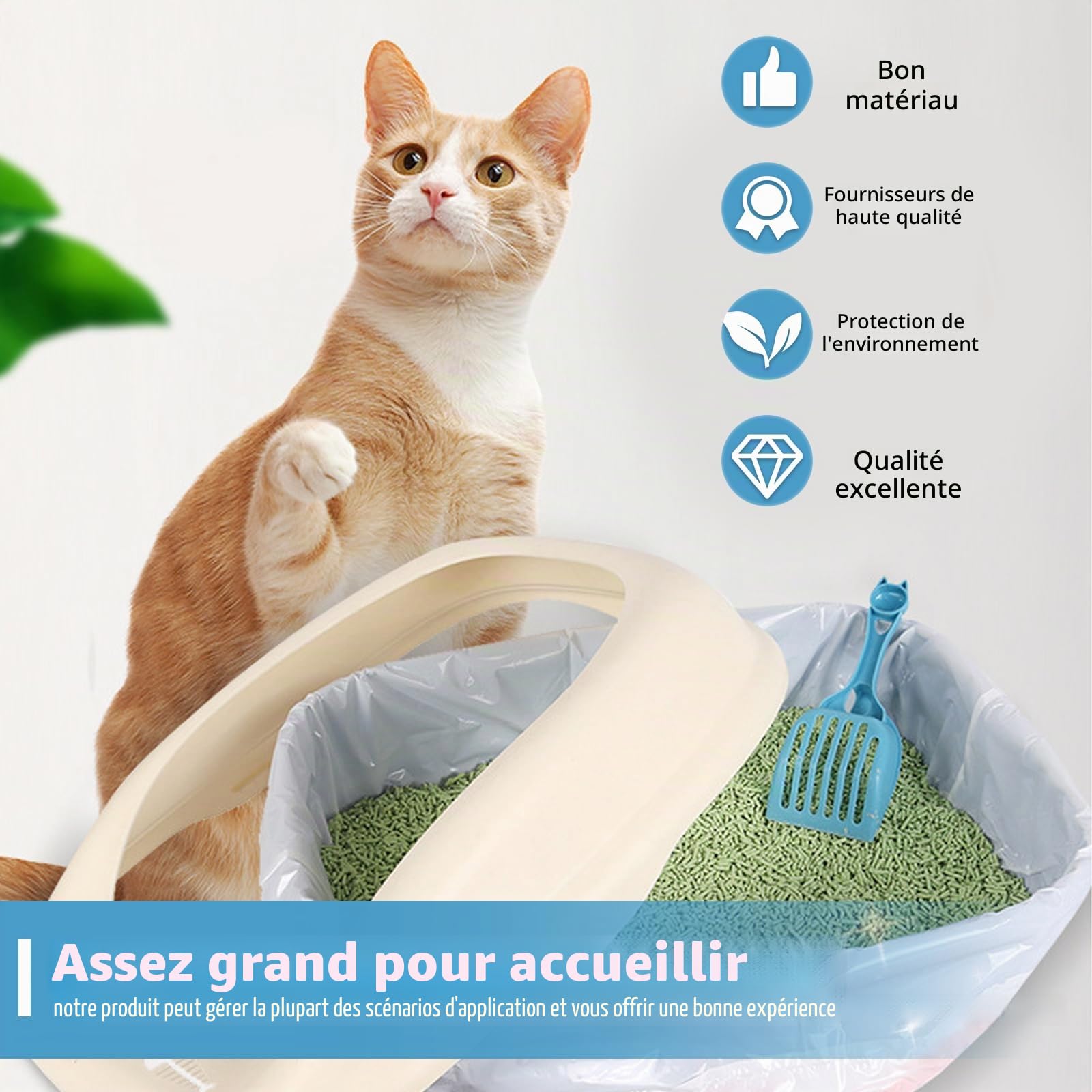 Sporgo Lot de 160 sacs poubelle avec poignée de transport : sacs à litière pour chat autonettoyants avec cordons de serrage, sac à litière pour chat, recharge pour litière pour chat, 8 rouleaux