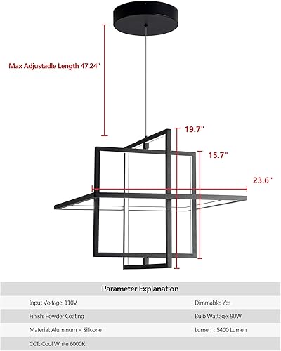 Miniatura 4 de SUNMOO Candelabro LED moderno colgante cuadrado contemporáneo lámpara colgante luz regulable para sala de estar, comedor, dormitorio, cocina,