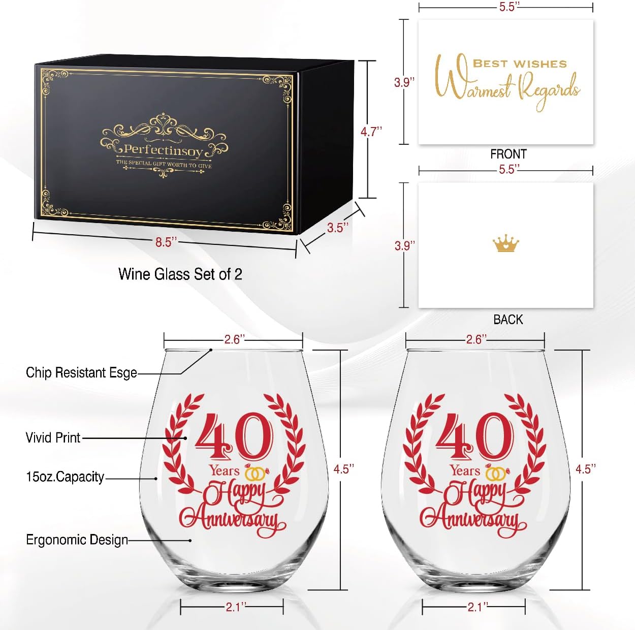 Perfectinsoy 40 Years Happy Anniversary Wine Glass Set of 2, 40th Anniversary Ruby Wedding Gifts for Mom, Dad, Wife, Soulmate, Couple, Funny Vintage Unique 40 Years Gifts, Wedding Present for Her Him - Image 2