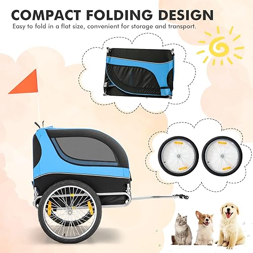 Miniatura 9 de Tangkula Remolque para bicicleta para perros, carrito de malla transpirable con 3 entradas, bandera de seguridad, 8 reflectores, carro plegable para