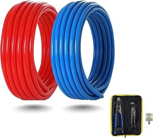 Kit de tubería PEX-B de 12 pulgada, tubo PEX azul y rojo de 200 pies, herramienta de prensado de abrazadera de cincha, cortador de tubos, bolsa de