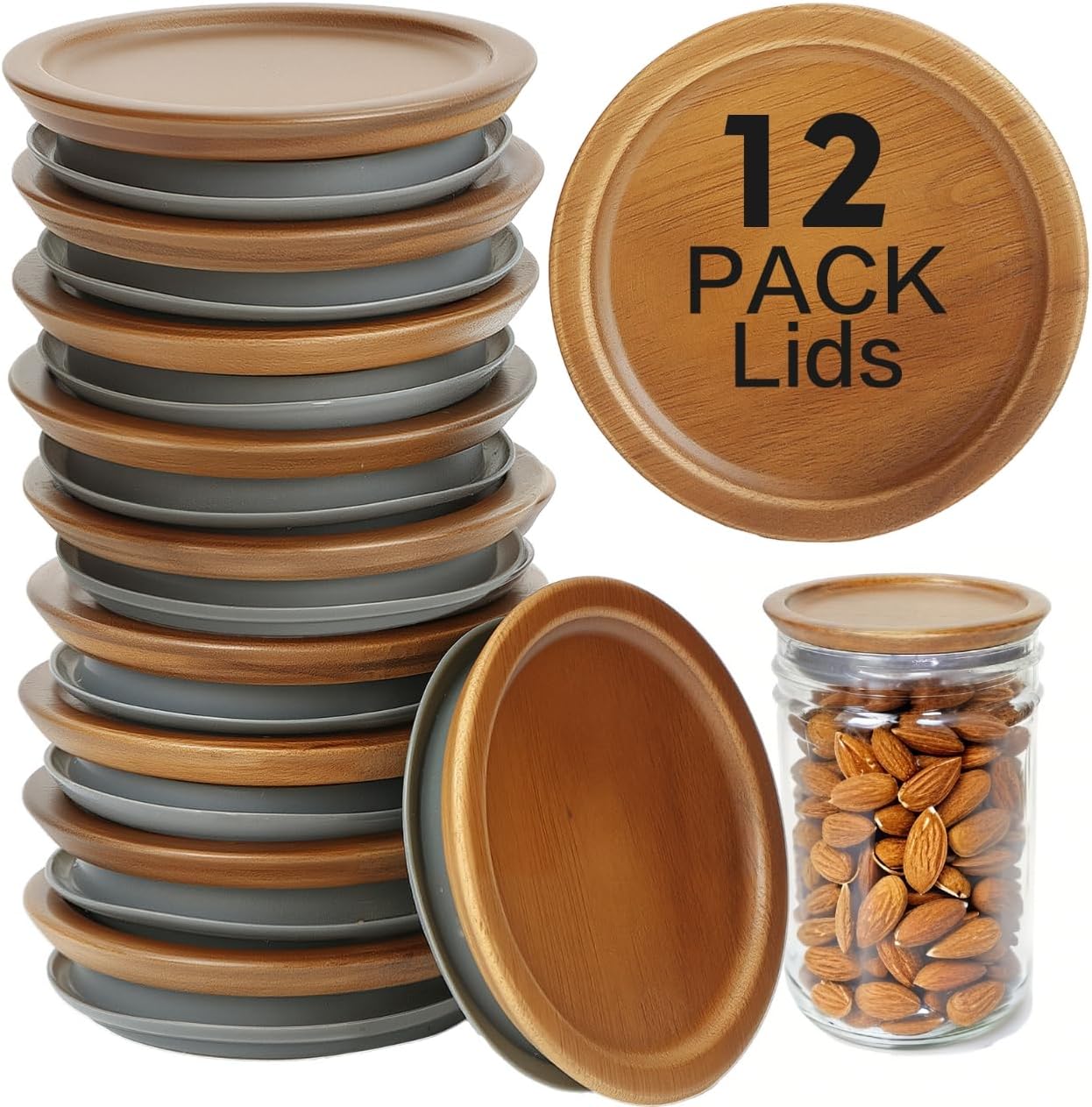 6 Pcs Wooden Lids for Regular Mouth Mason Jar, Inner diameter 2.13in, Regular Mouth Jar Lids Made Of Acacia Wood for Mason Jars With Airtight Silicone Seal, For Storing Items(Brown, Excluding Jars)