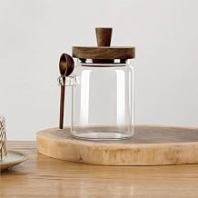 Glass Food Storage Jar with Acacia Wooden Lid and Spoon, Airtight Container for Cereals, Cookies, Snacks, Kitchen Canister Set 1 Pcs, Medium/20oz