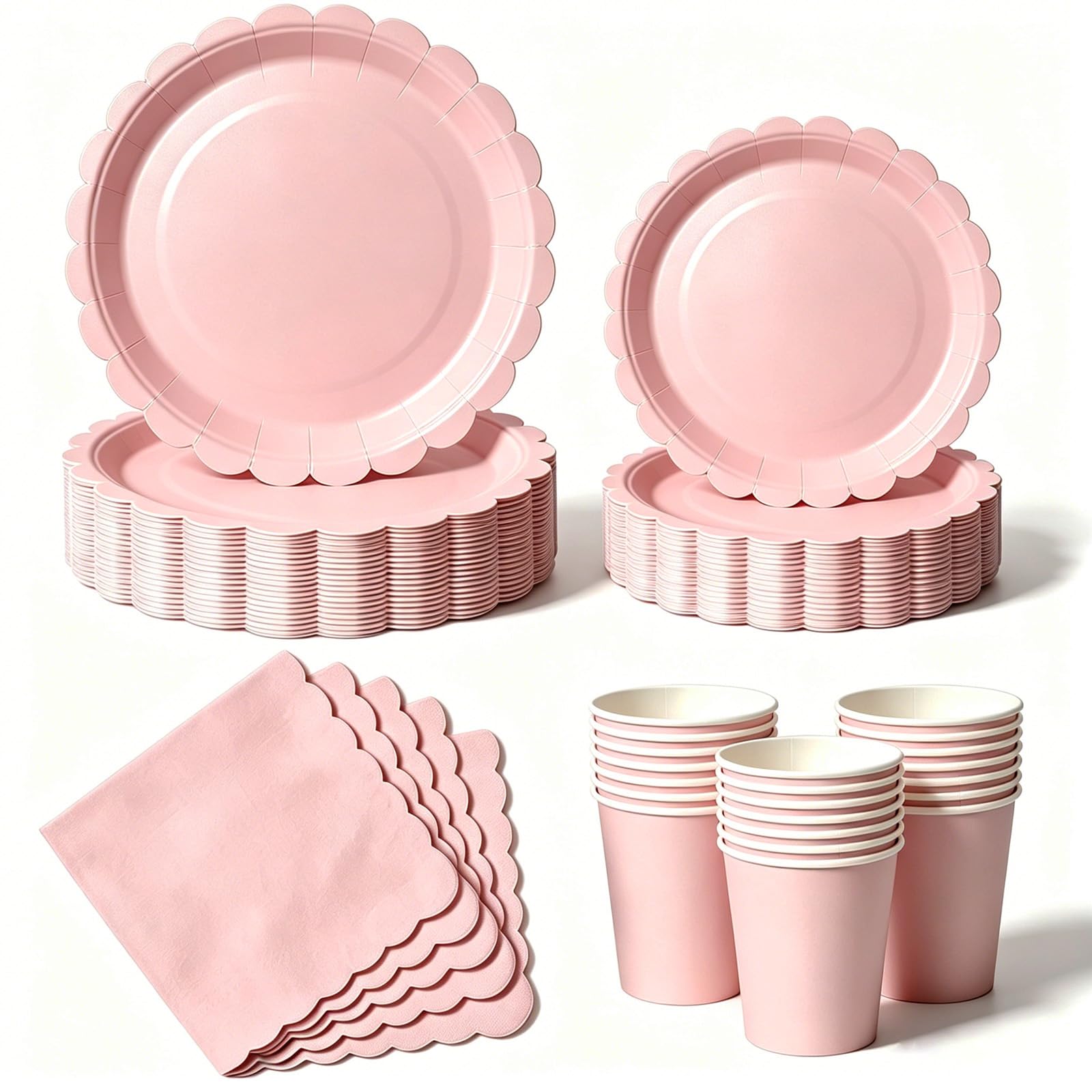 Nkaiso 50 Pcs Light Pink Scalloped Paper Plates and Napkins Set for 10 — image 1