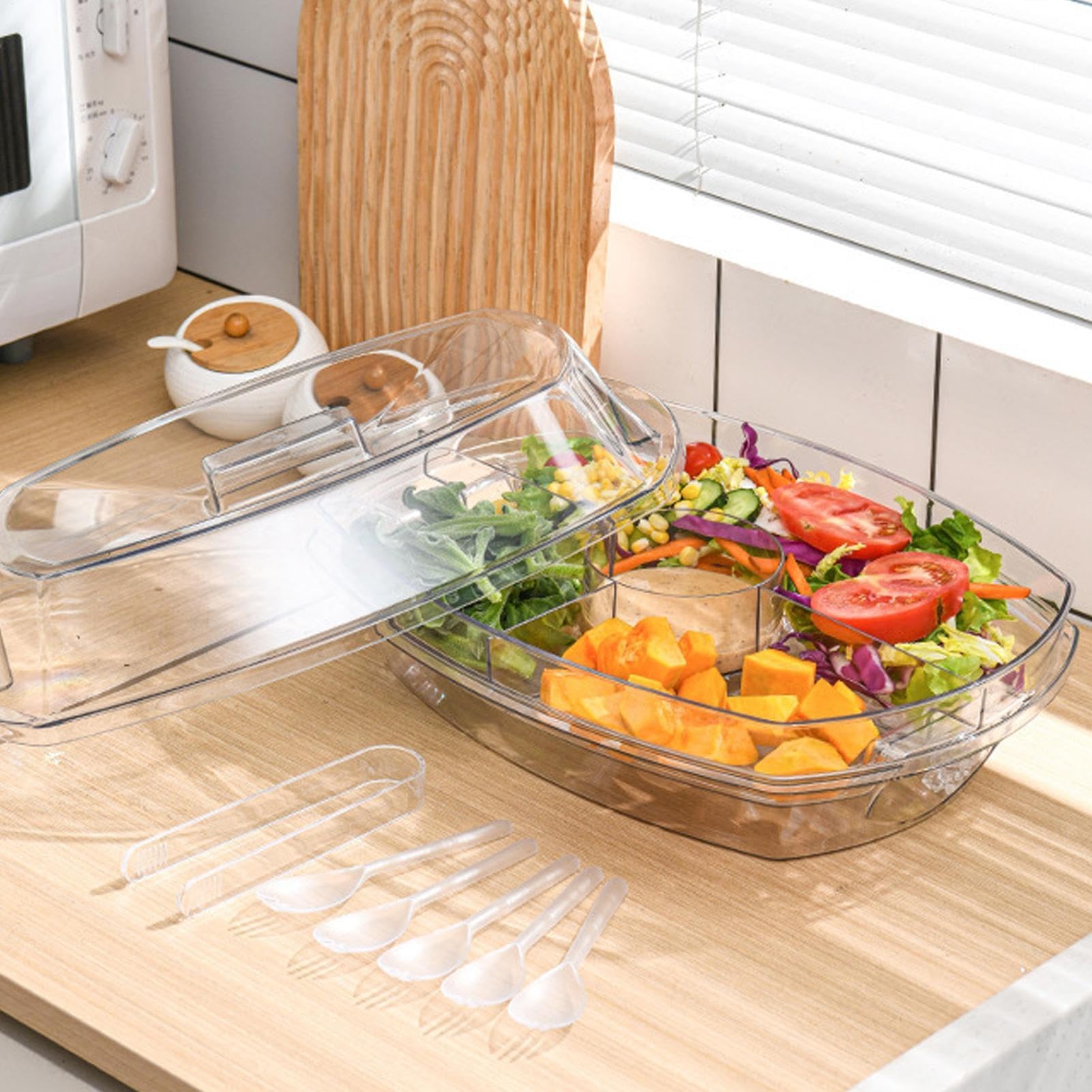 Plato de fiesta enfriado con tapa con 4 compartimentos para aperitivos, postres, frutas, verduras, ensalada y mariscos, bandeja de cóctel perfecta para fiestas y picnics