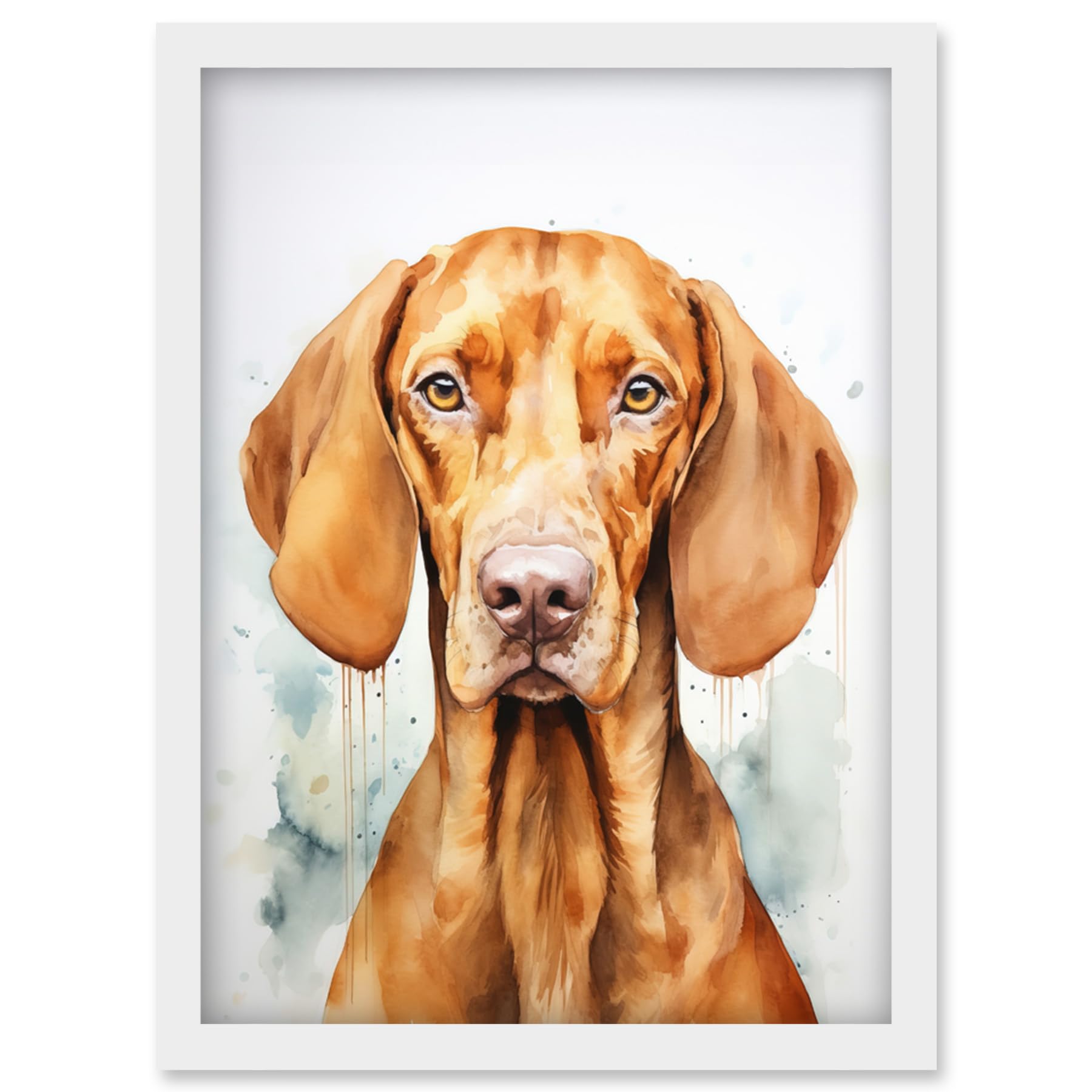 Hungarian Vizsla Dog Watercolour Art Print - Golden Rust Teal Bright Portrait Artwork - Artery8 - Framed A4