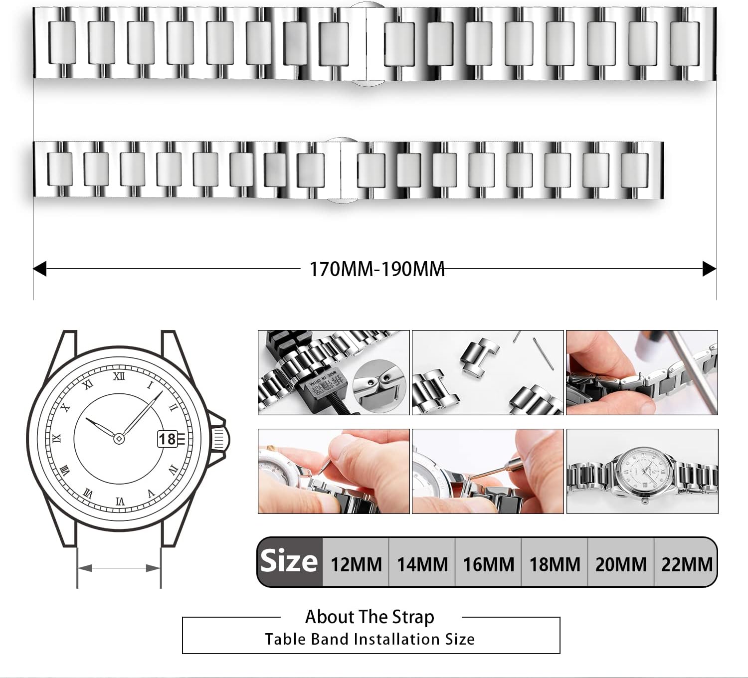 BINLUN Ceramic Stainless Steel Watch Band, Polished Replacement Bracelet with Butterfly Buckle for Men Women, 12/14/16/18/20/22mm