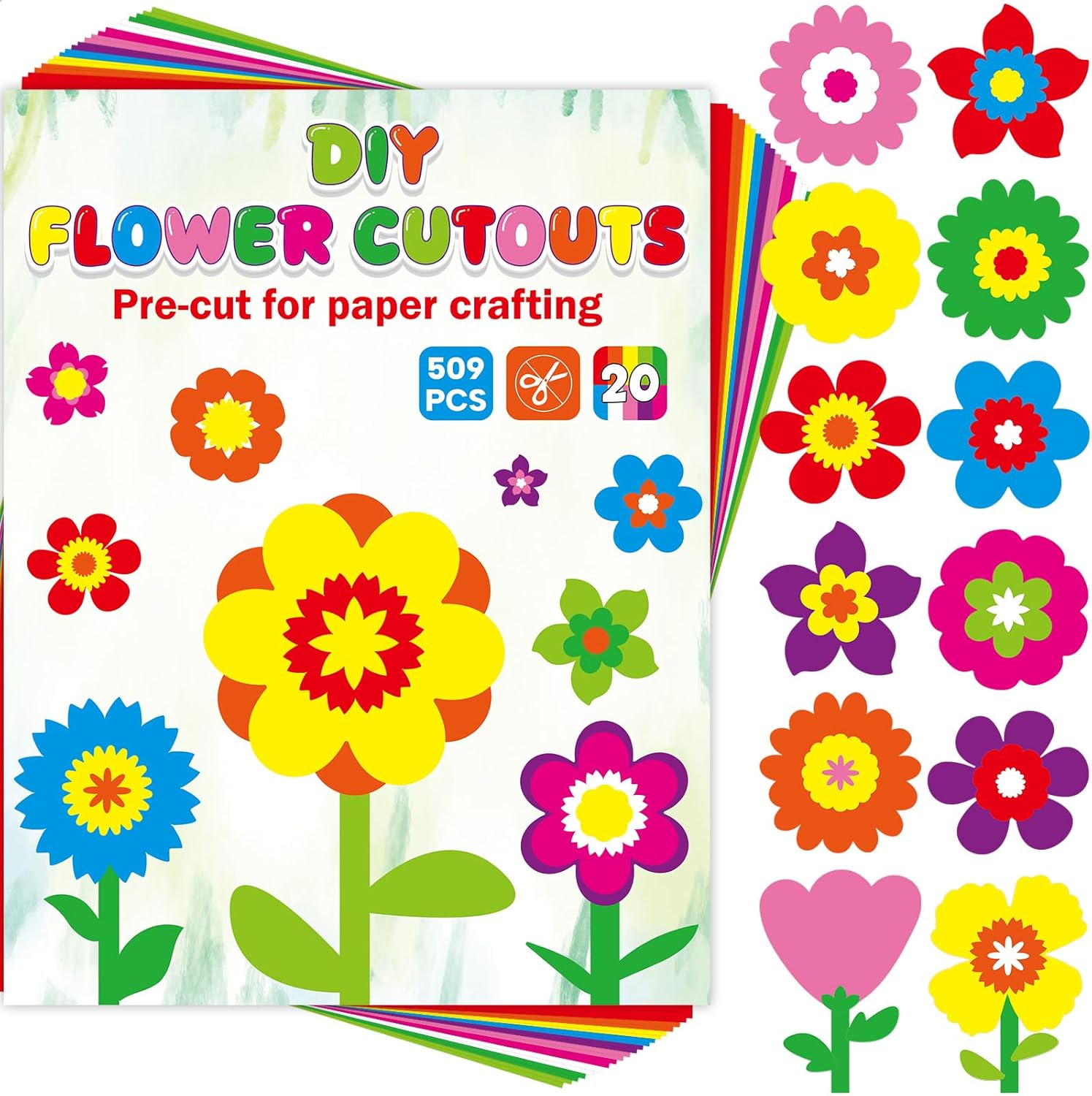 Fancy Land 509 Pieces DIY Flower Paper Cutouts Colorful Flower Punch Out for Spring Summer Art Crafts Tulips Daisies Die Cut for School Classroom Decoration Graduation End of Year Party Ornament