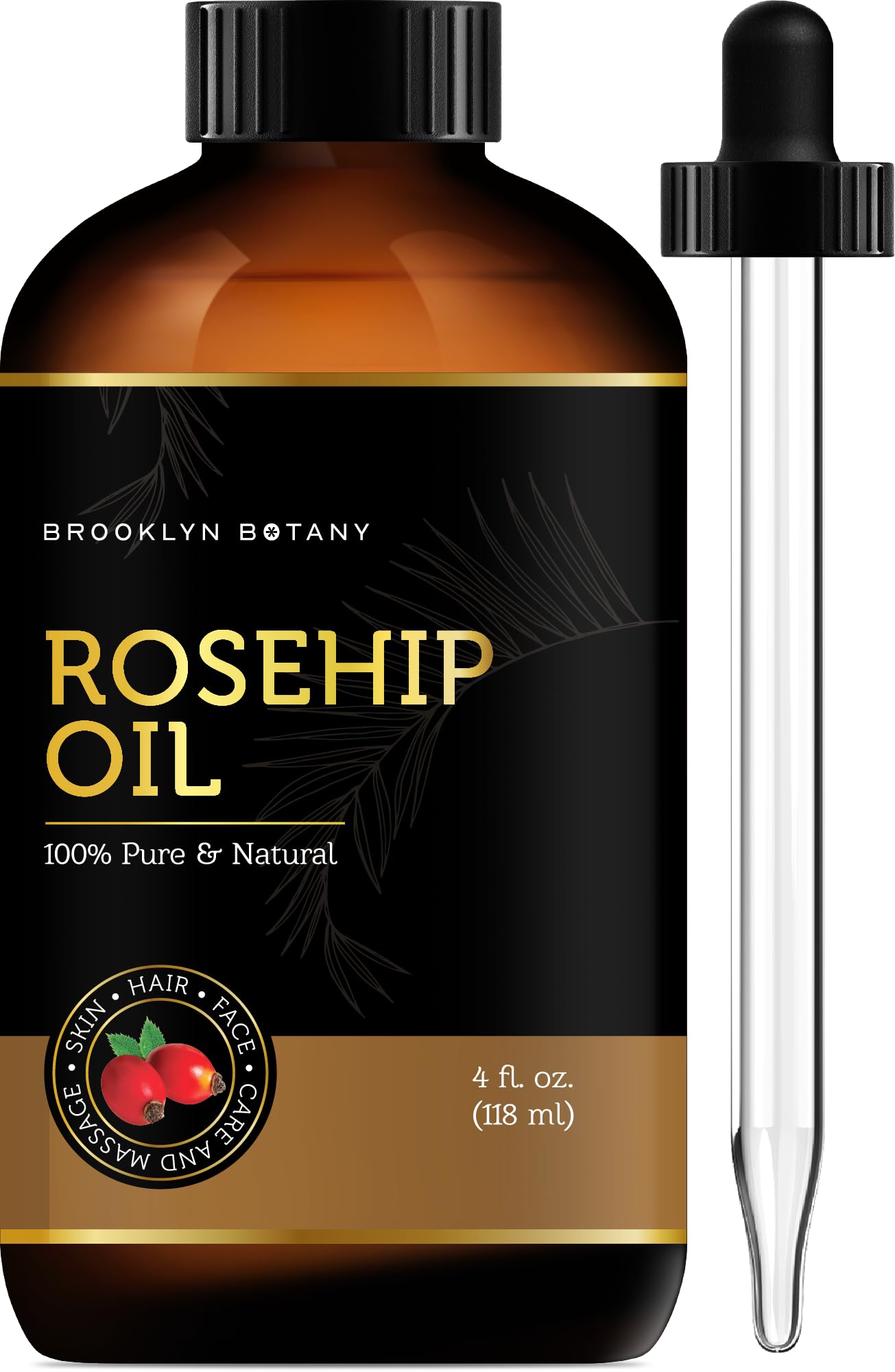 Brooklyn Botany Rosehip Oil for Face, Skin and Hair - 100% Pure and Natural - Carrier Oil for Essential Oils, Aromatherapy, Massage and Body - 4 Fl Oz