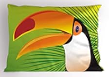 Lunarable Toucan Pillow Sham, Cartoon Design Graphic of Happy Exotic Bird with Tropical Leaves, Decorative Standard Size Printed Pillowcase, 26