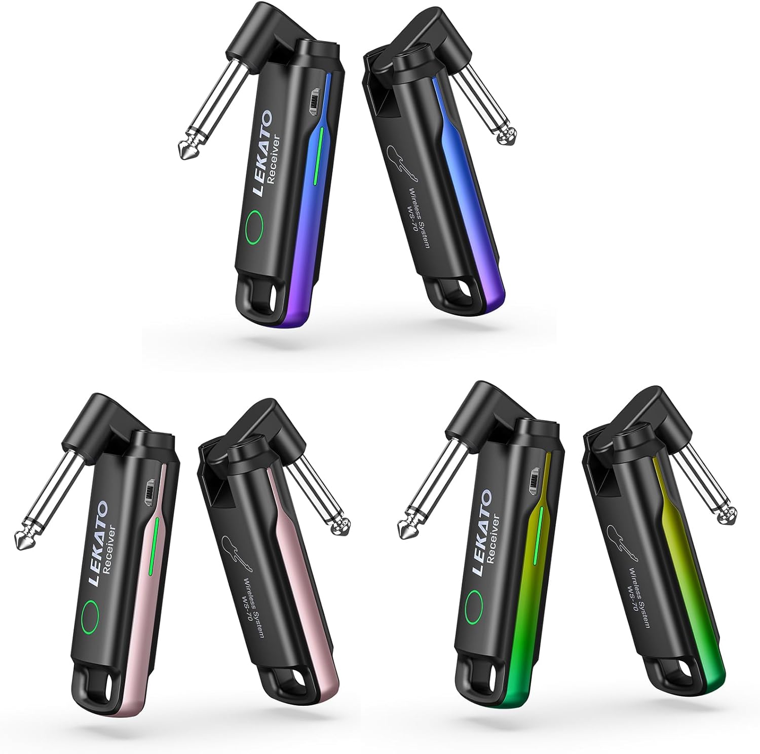 LEKATO Wireless Guitar System UHF Audio Wireless Guitar Transmitter Receiver Rechargeable Guitar Wireless System with 70 Channels Guitar Wireless System for Electric Instruments-Blue &Pink & Green