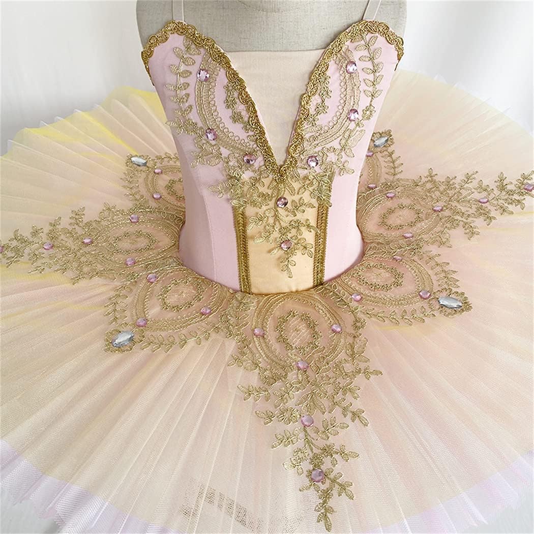 N.L.B Leotards for Girls Ballet Dance Skirted Princess Dress Lace Rhinestone Ballet Tutu Costumes for Performance Gold Pink 140, 10-11 Years