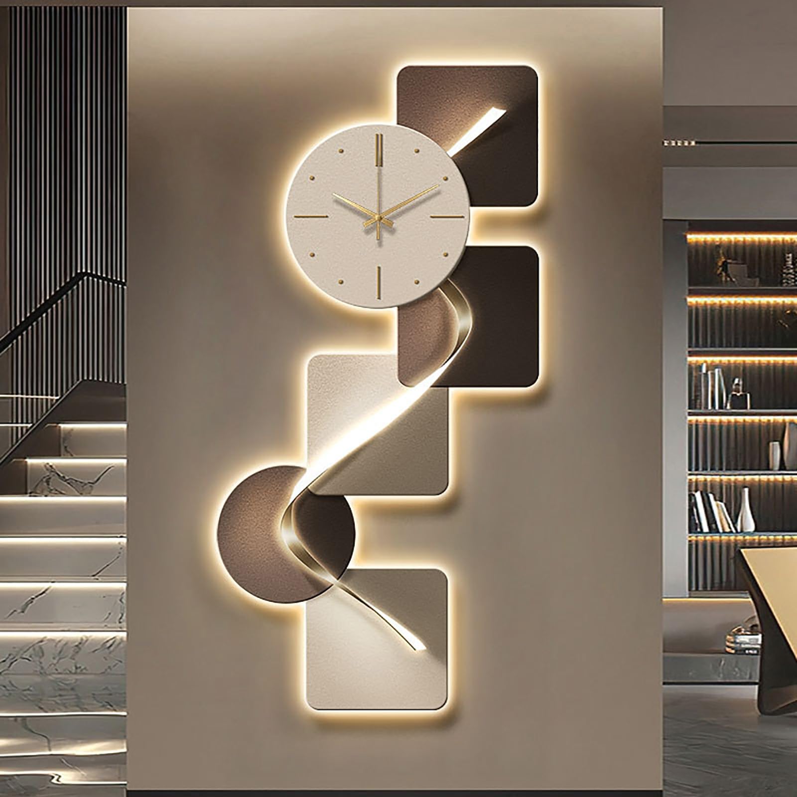 Reloj de pared decorativo con luz LED, movimiento silencioso, diseño geométrico moderno para decoración de sala de estar y dormitorio, sin tictac, fácil de instalar, elegante acento para el hogar