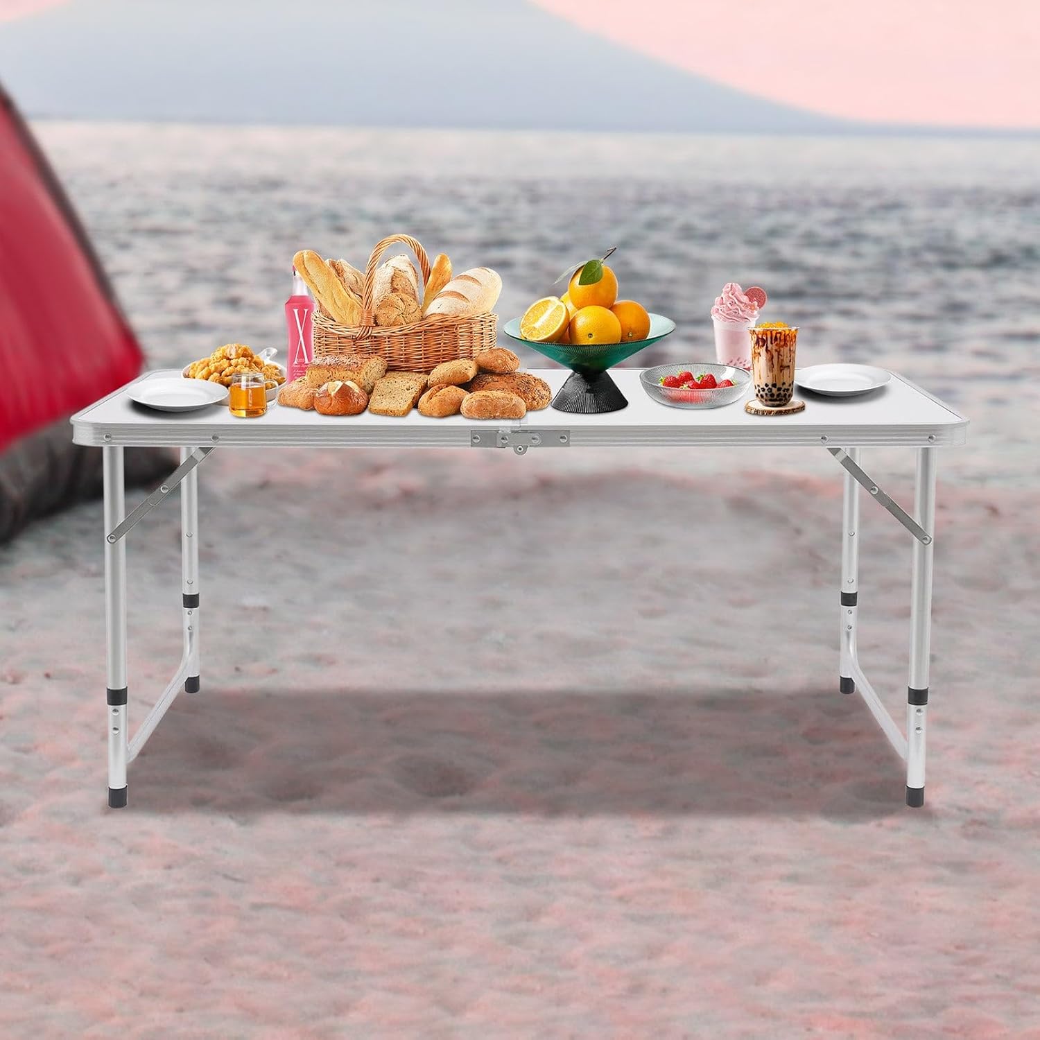 4 FT Folding Picnic Table, Outdoor Camping Table, Portable Folding Tables, 3-Level Adjustable Height Picnic Dining Desk Fold-in-Half for Camp Party Kitchen Indoor Outdoor