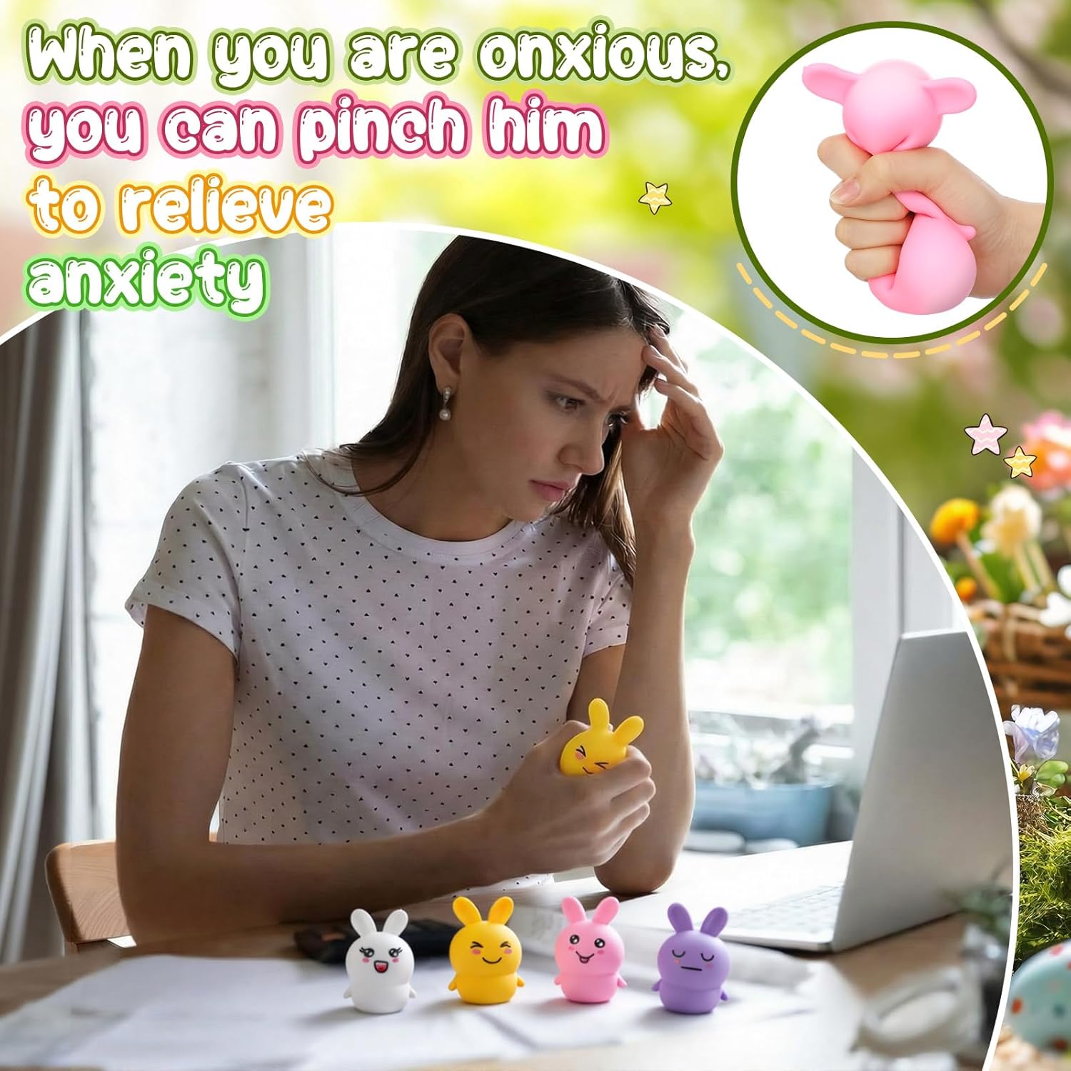 Meooeck 12 Pcs Easter Bunny Mini Squeeze Balls Easter Basket Stuffers, Egg Fillers, Rabbit Stress Balls for Adults Stress Relief Fidget Party Favors Gifts Office ADHD Autism Anxiety