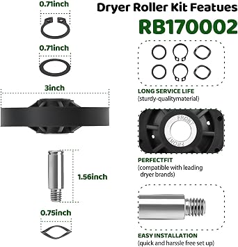 RB170002 Dryer Roller Kit,Dryer Drum Support Rollers Parts Compatible with Alliance and Speed Queen Dryers Replace 3447593 AP5186795 PS12220620 EAP12220620