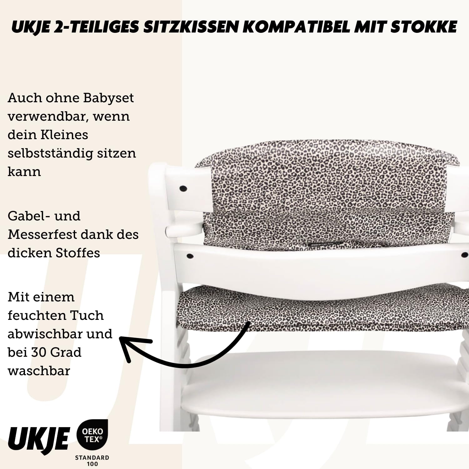 Ukje Sitzkissen für Hauck Alpha Plus & Beta Plus, Oeko-Tex 100, weiche Dicke Sitzauflage für Hochstuhl, atmungsaktiv, pflegeleicht, ideal als Sitzverkleinerer für Babys & Neugeborene, Sand Leopard
