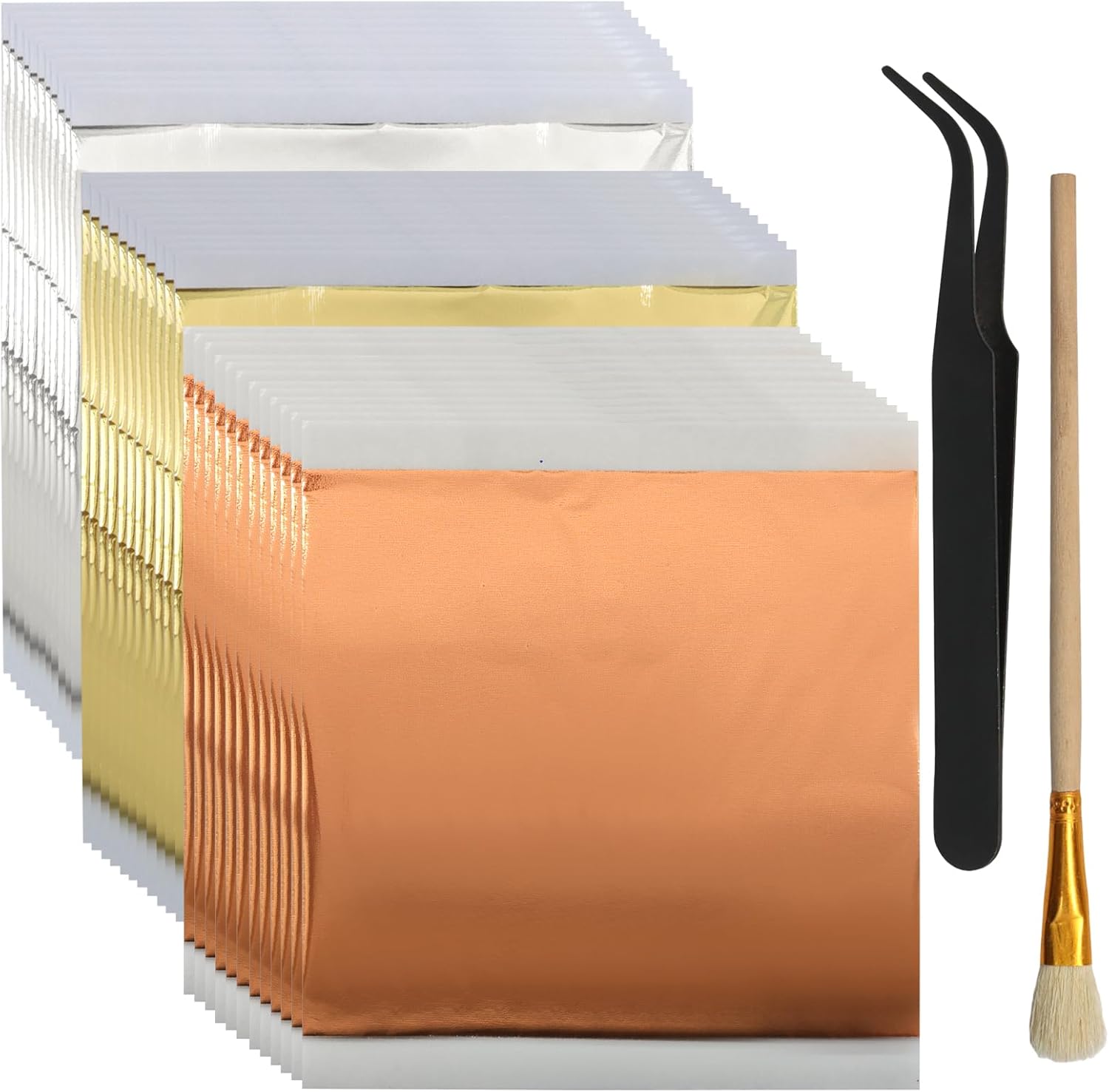 OSVJE 150 Pcs Gold Leaf Sheets for Art Crafts, 5x5 Inch Gold Foil Sheets, 3 Colors Metallic Leaf for Nails, Painting, Gilding, DIY Decor for Multi-Surface Use Art Enthusiasts