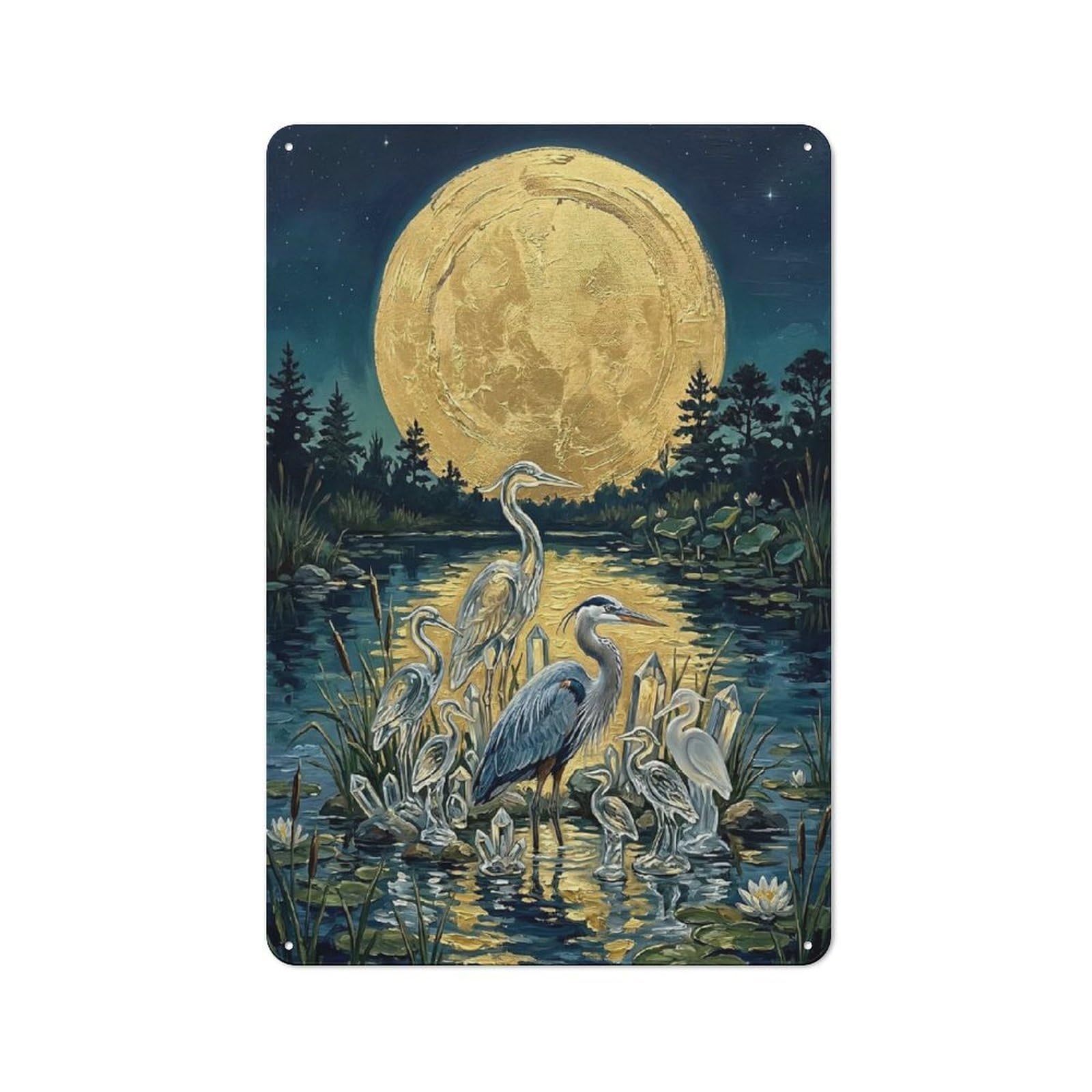 Junmoney Style-24 Herons And Crystals Under The Full Moon Cottage Style Metal Wall Decor 30X20cm, Tin Wall Plaque For Kitchen, Cottage, Porch Or Garden Room