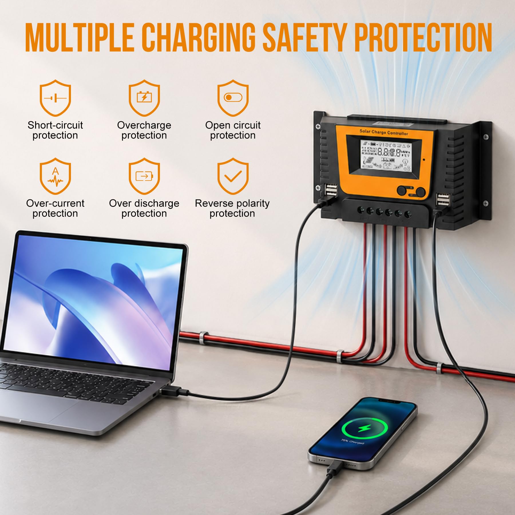 30A Contrôleur de Charge Solaire Avec Bluetooth, PWM 30A 12V 24V 36V 48V Régulateur Charge Solaire avec Capteur Température, Rétroéclairé LCD Écran, 4 ports USB, pour LI SLD FLD GEL AGM Batteri
