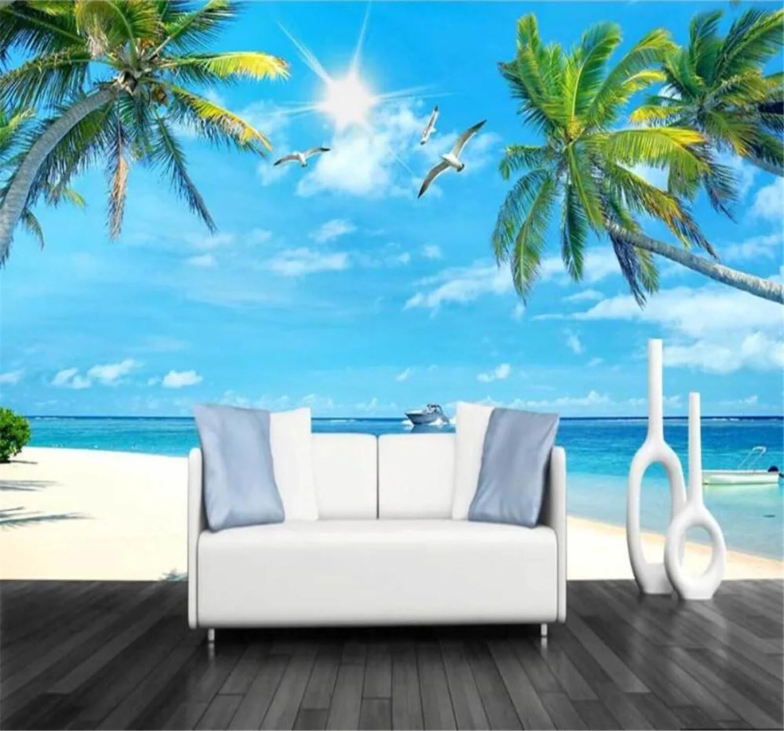 Tzxztt Fresh The Sea Coconut Palms The Beach A Sea View Modern 3D Wallpaper Premium Textured Silk Neutral Tones Material Ideal for Living Room Bedroom-430cm×300cm