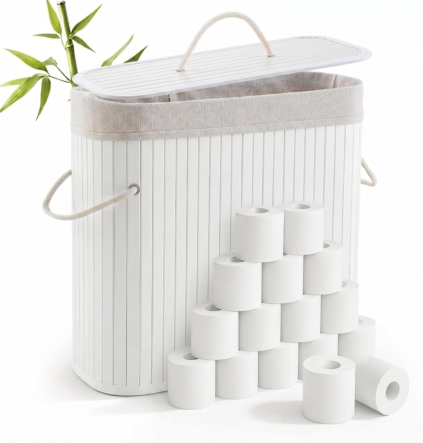 Leinuosen Bamboo Toilet Paper Storage Basket with Lid, White, Regular