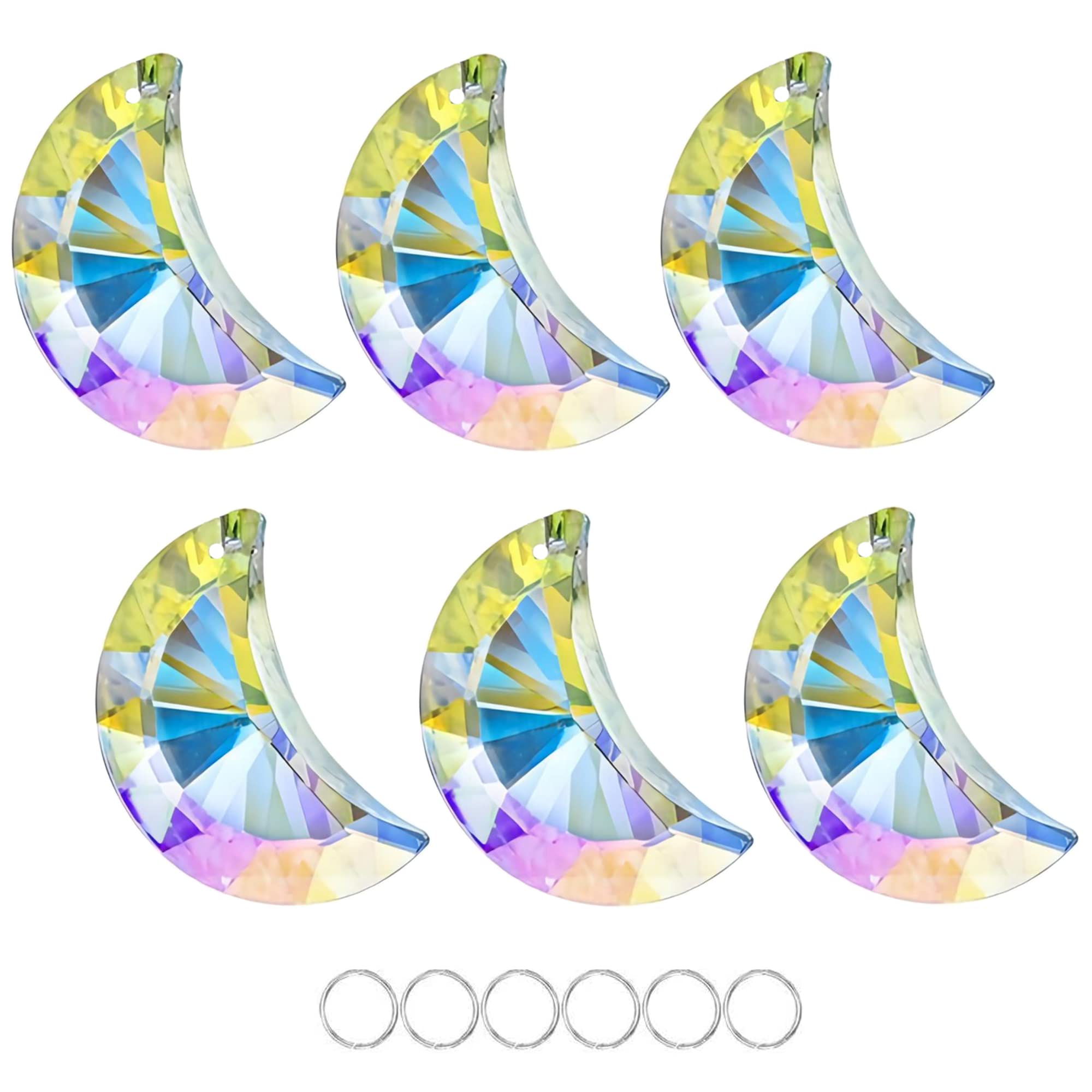 6pcs Colorful Crystal Faceted Half Moon Prisms Chandelier Lamp Lighting Drops Pendants Prisms Hanging Crystals Suncatcher for Window Garden Home Decoration