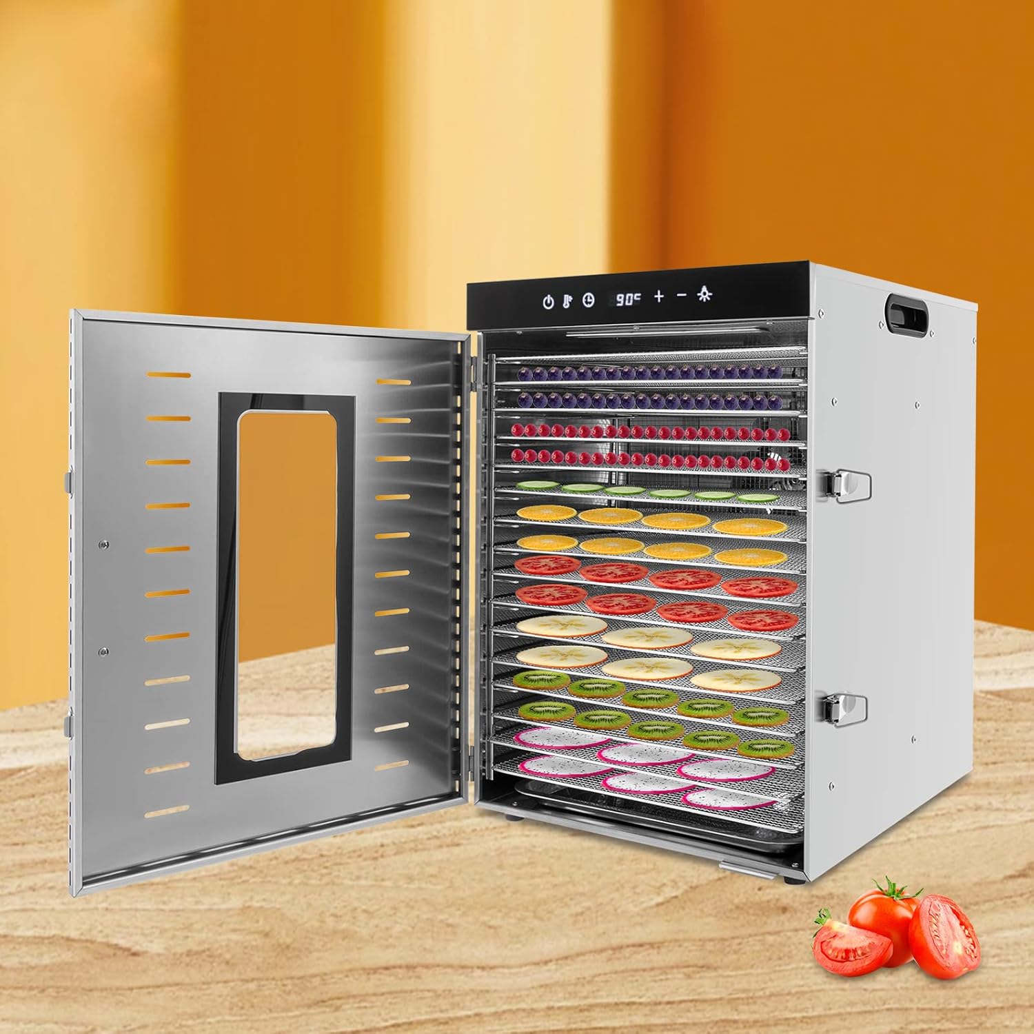 16Tray Food Dehydrator Fruit Vegetable Preserver Dried Machine Dryers Dryer With Led Touch Screen Temperature/Time Control Drying Vegetables Fruits Meat Flowers For Home Commercial (1350W Silver)