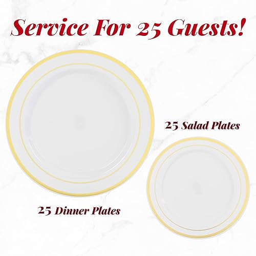 Miniatura 2 de Paquete de platos de plástico dorados y cubiertos de plástico dorado preenrollados 50 platos de plástico dorado y 25 utensilios de plata dorados