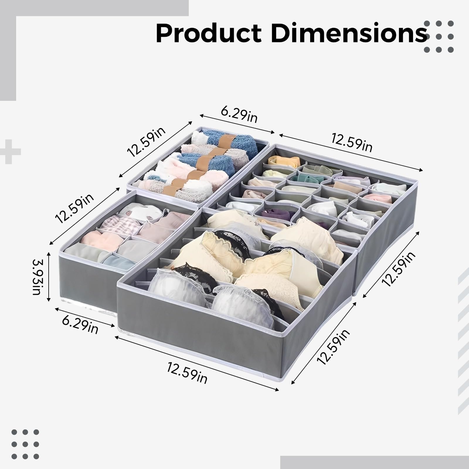 Lot de 4 organiseurs de tiroir, organiseur de chaussettes en tissu non tissé pour tiroir, organiseur pour tiroir à sous-vêtements, organiseurs de placard pliables, avec compartiments, gris
