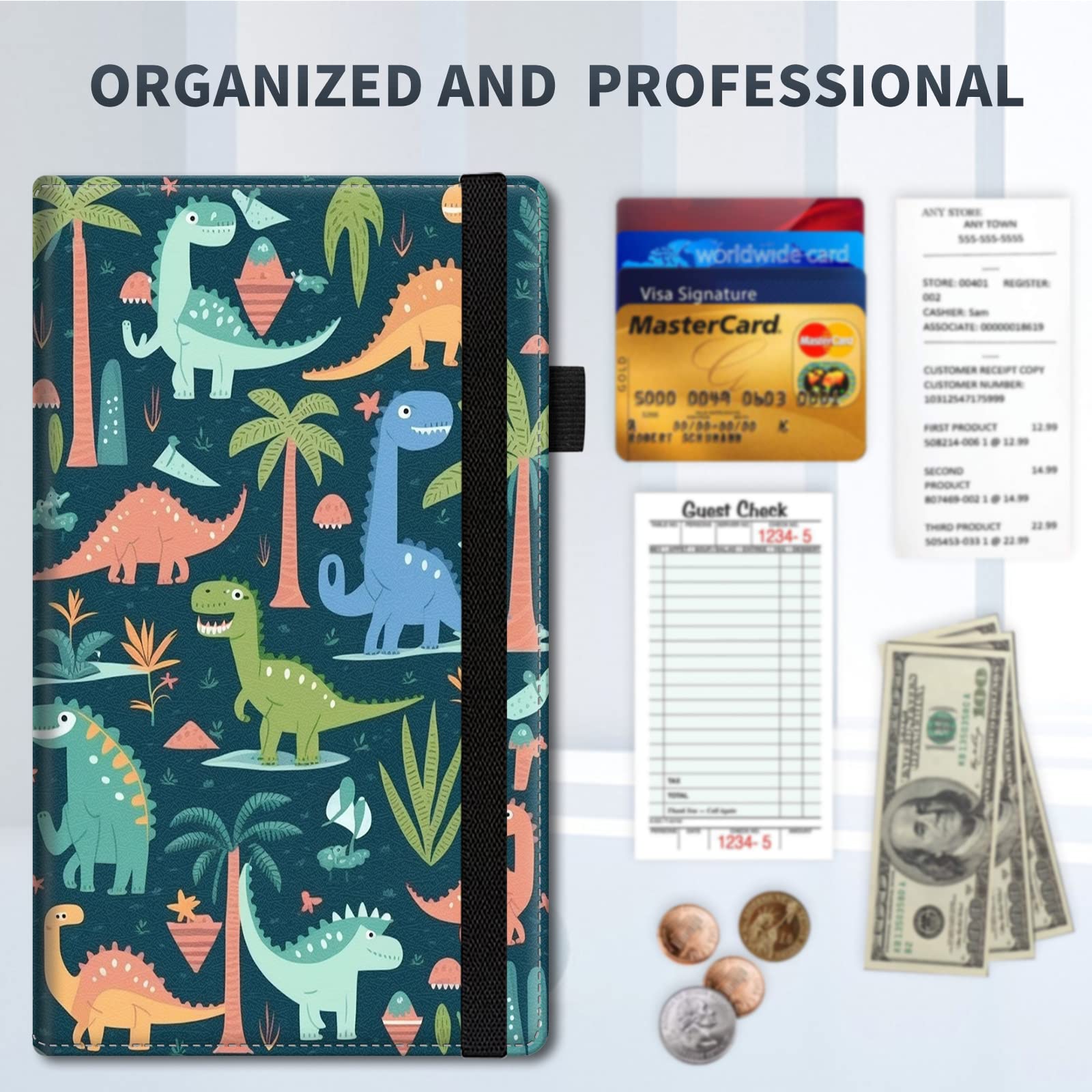 Professional Server Supplies Server Book For Waitress - 11 Pocket Waiter Wallet With Zipper & Pen Holder, Dinosaur Print Waitress Server Book - View #5