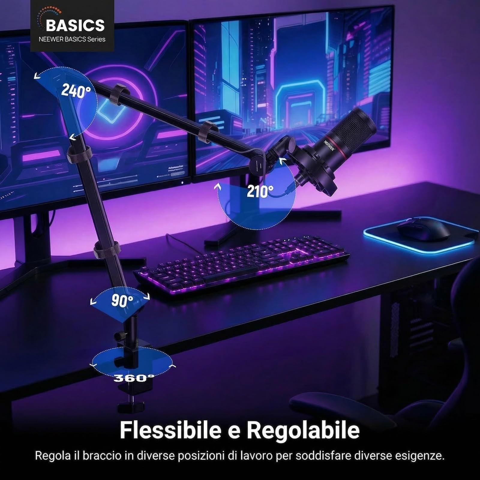NEEWER BASICS Braccio Microfono, 31" Supporto Mic da Tavolo Flessibile, Compatibile con Blue Yeti FIFINE AM8 K669B HyperX QuadCast S SoloCast AT2020 Shure SM7B MV7 per Gaming Streaming Riprese, MS050