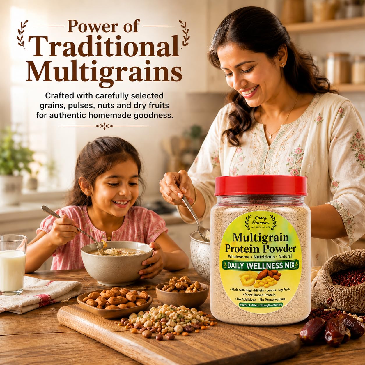 COORG FLAVOURS Multigrain Protein Powder 250g | Premium Blend of Dal, Millet, Nuts & Dry Fruits | High Fiber & Protein Health Mix | Natural Daily Nutrition Drink | No Preservative — Amazon image 2