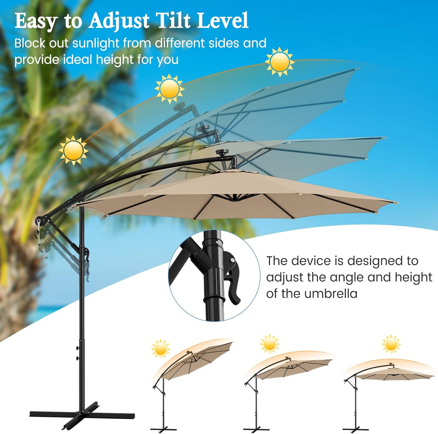 HAPPYGRILL 10FT Offset Patio Umbrella with Solar Lights, Cantilever Umbrella with Tilt Design, Crank Handle, Cross Base Stand