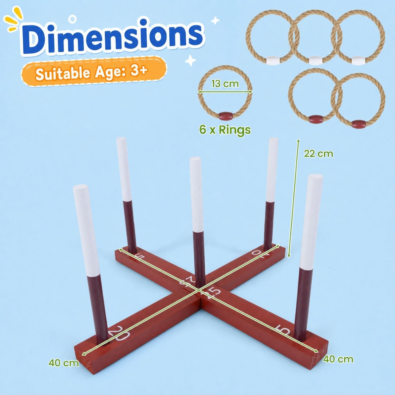 GOPLUS Juego de Lanzamiento de Anillas Portátil para Niños 3+ Años, Adultos | Juegos Exterior Niños de Madera con Base Cruzada, 5 Palitos y 6 Aros de Cuerda, Juguete para Lanzar, Jardín, Camping, Fiesta