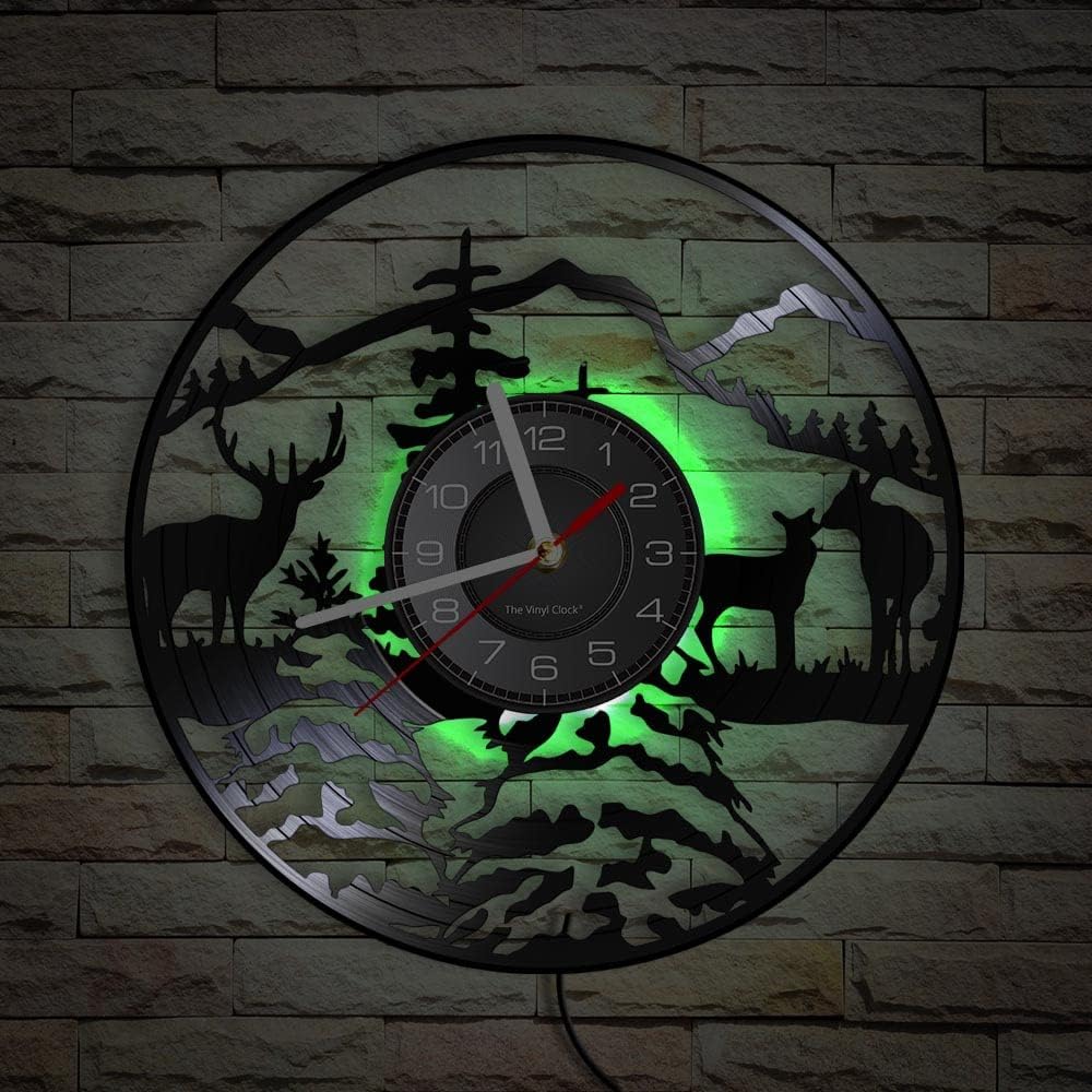 12 Inch Deer LED Wall Clock with 7 Luminous Modes, Silent Quartz Non Ticking Vintage Decorative Analog Black Deer Hunting Vinyl Record Wall Clock for Deer Hunters Gifts Man Cave Decor