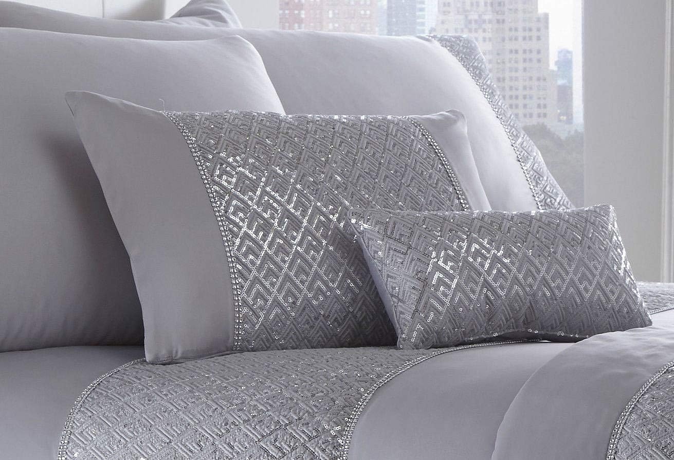 NCS Luxury Sequin Diamante Sparkle Faux Silk Duvet Cover Quilt Linen Bedding Set (Silver Grey
