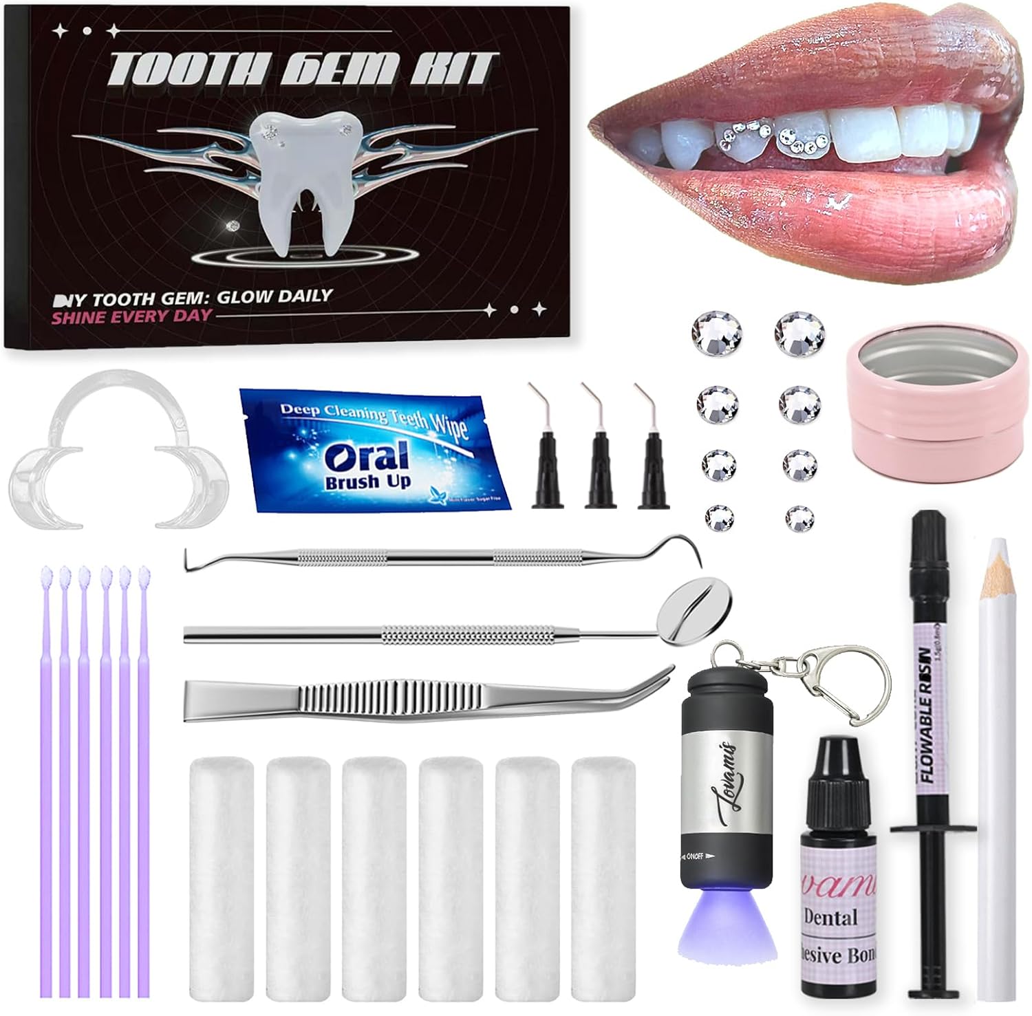 Lovamis Tooth Gem Kit – High-Shine Crystal Tooth Gems, Safe & Long-Lasting Adhesive, Complete Dental Jewelry Starter Kit for Salon & Personal Use (Round kit)