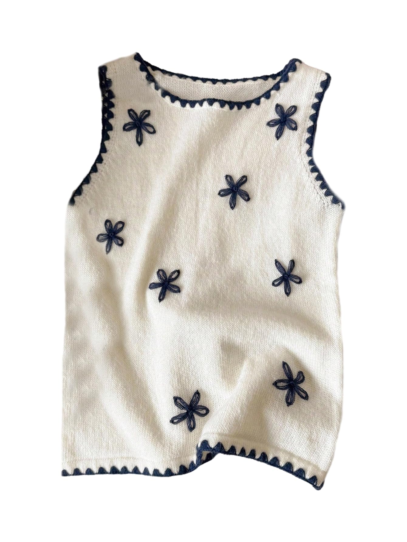 WDIRARA Womens Floral Sweater Vest Contrast Trim Sleeveless Knit Tank Tops Lightweight Knitwear