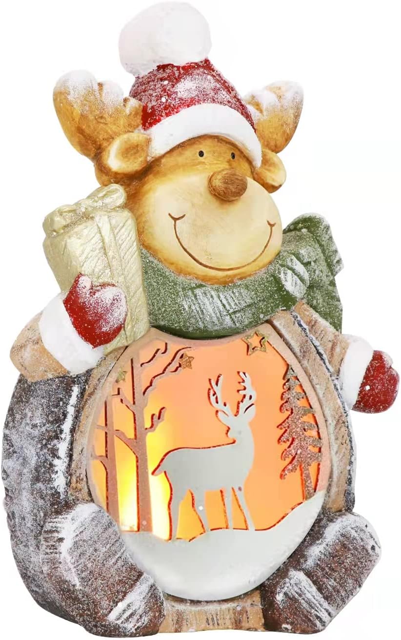 Reindeer Christmas Decorations for The Home, Christmas Home Decor,15.2" Elk Christmas Figurines with Flame Effect Lights,Festive Christmas Holiday Decor for Table,Fireplace,Bedroom,Shelf