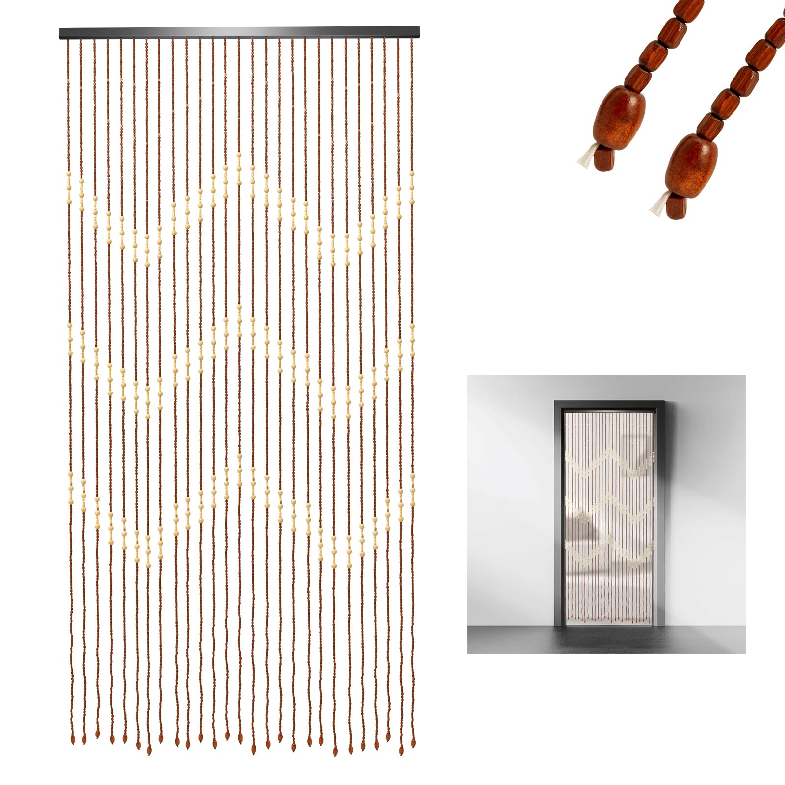 Rideau de porte en bois avec perles en bois, 27 lignes, 90 x 175 cm | Séparateur de pièce en bois - 90 x 175 cm - Pas de perçage nécessaire - Pour salon, chambre à coucher, camping-car, etc