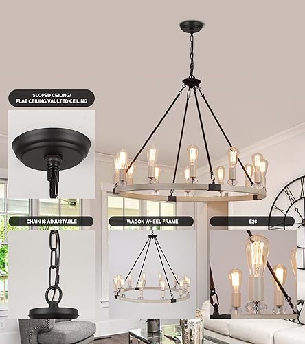 Miniatura 6 de MEIXISUE Lámpara de araña de rueda de carro, roble blanco y negro, 12 luces de metal grandes de lujo para comedor, cocina, isla, sala de estar,