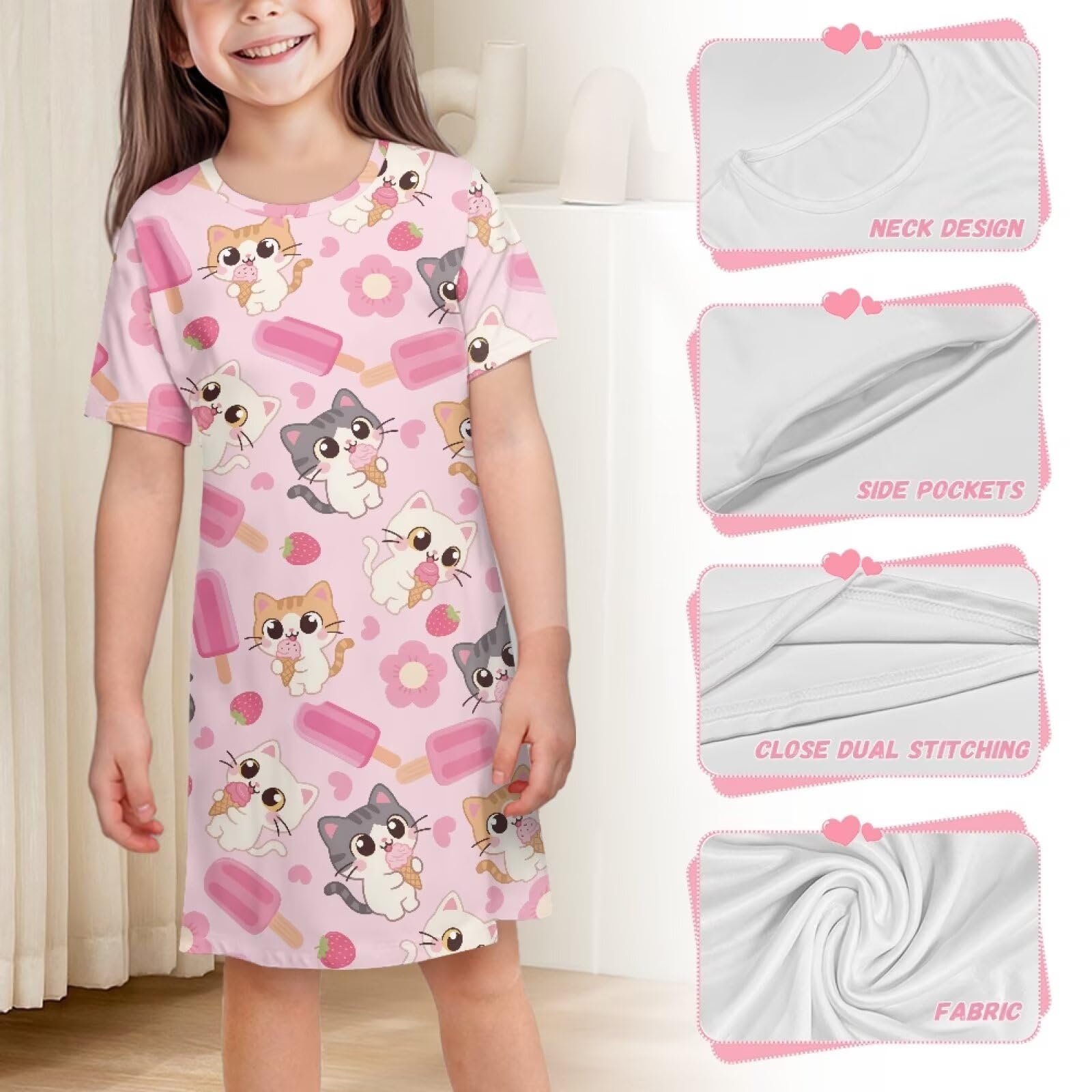 Camisón de manga corta para niñas de 3 a 14 años, de poliéster